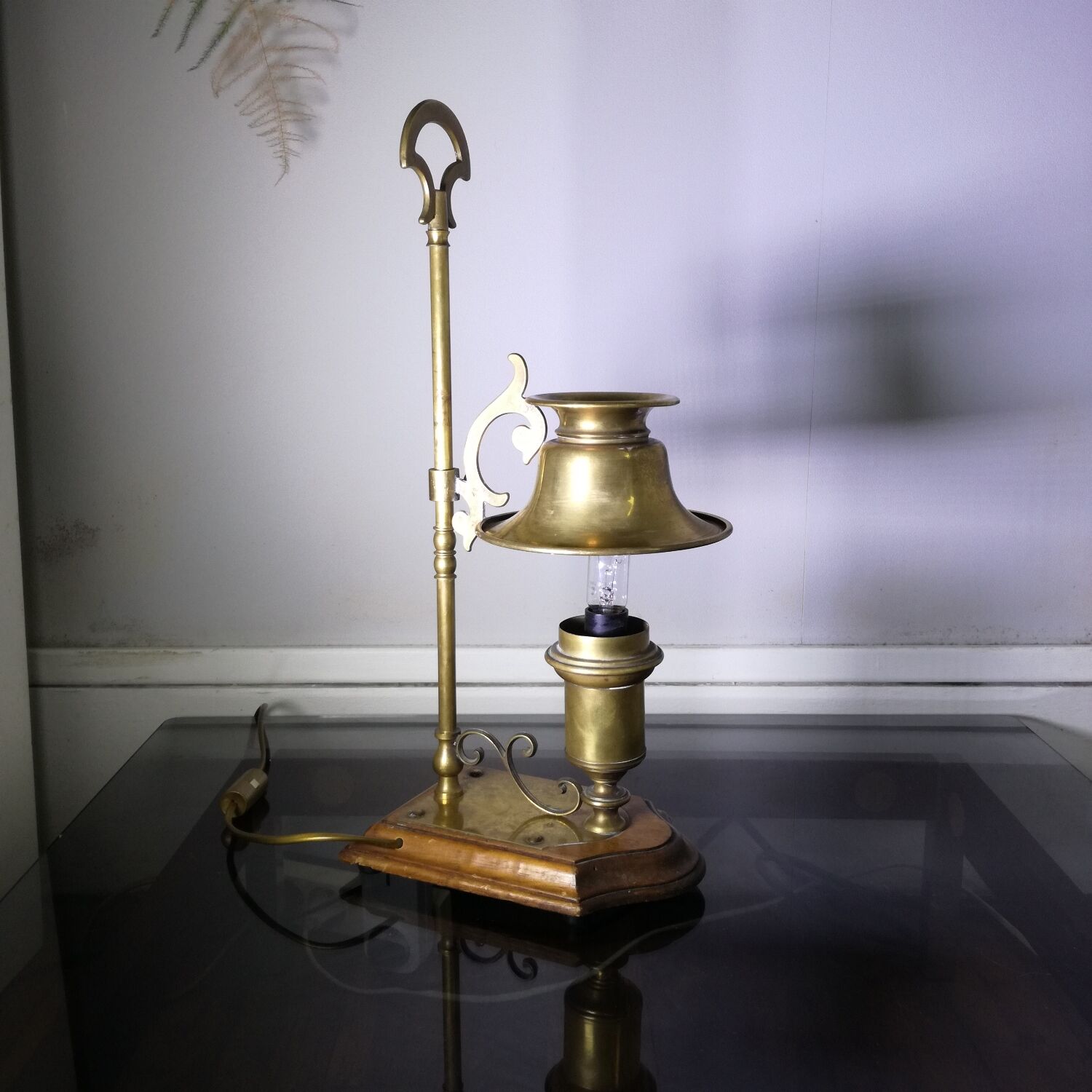 Brass and wood hot water bottle lamp 1970