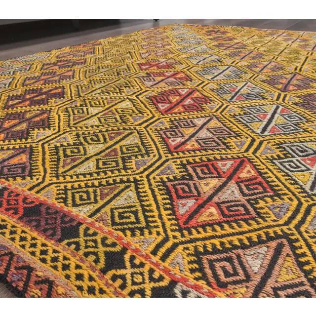 Yellow Handwoven Vintage Turkish Wool Flatweave Kilim Rug 118x200