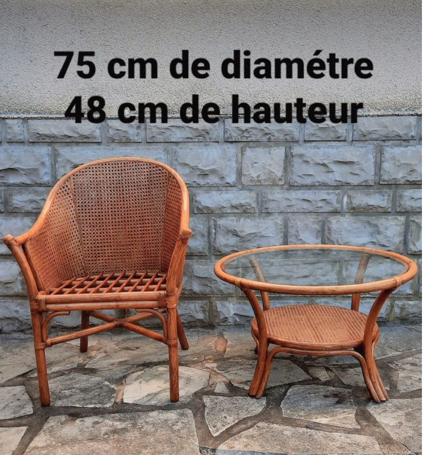 Table basse circulaire en bambou, plateau verre