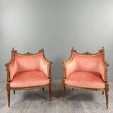 Paire de fauteuils bergères de style Louis XVI en bois sculpté, velours, XX