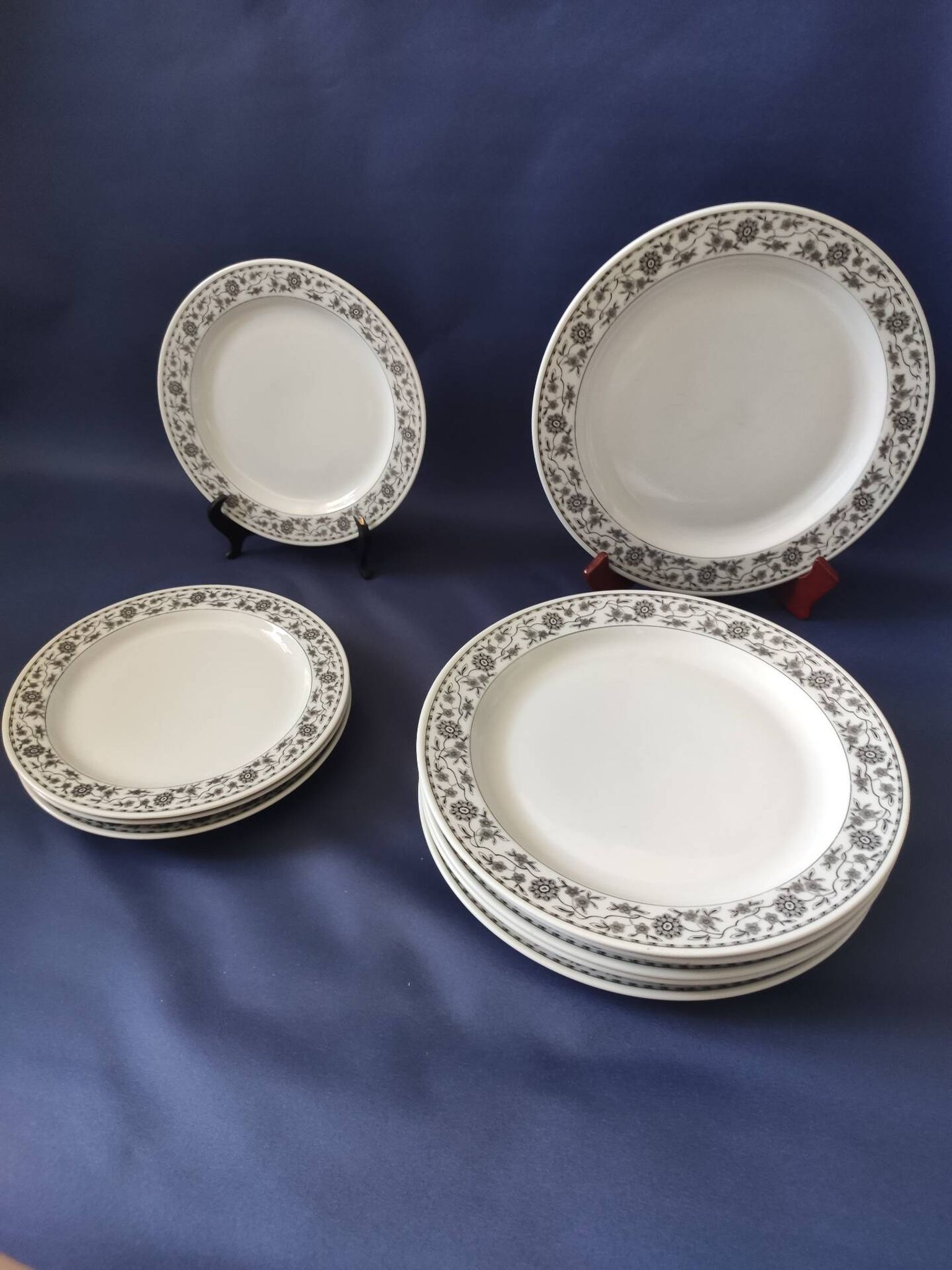 Set of 6 dinner plates and 4 dessert plates, made of porcelain.