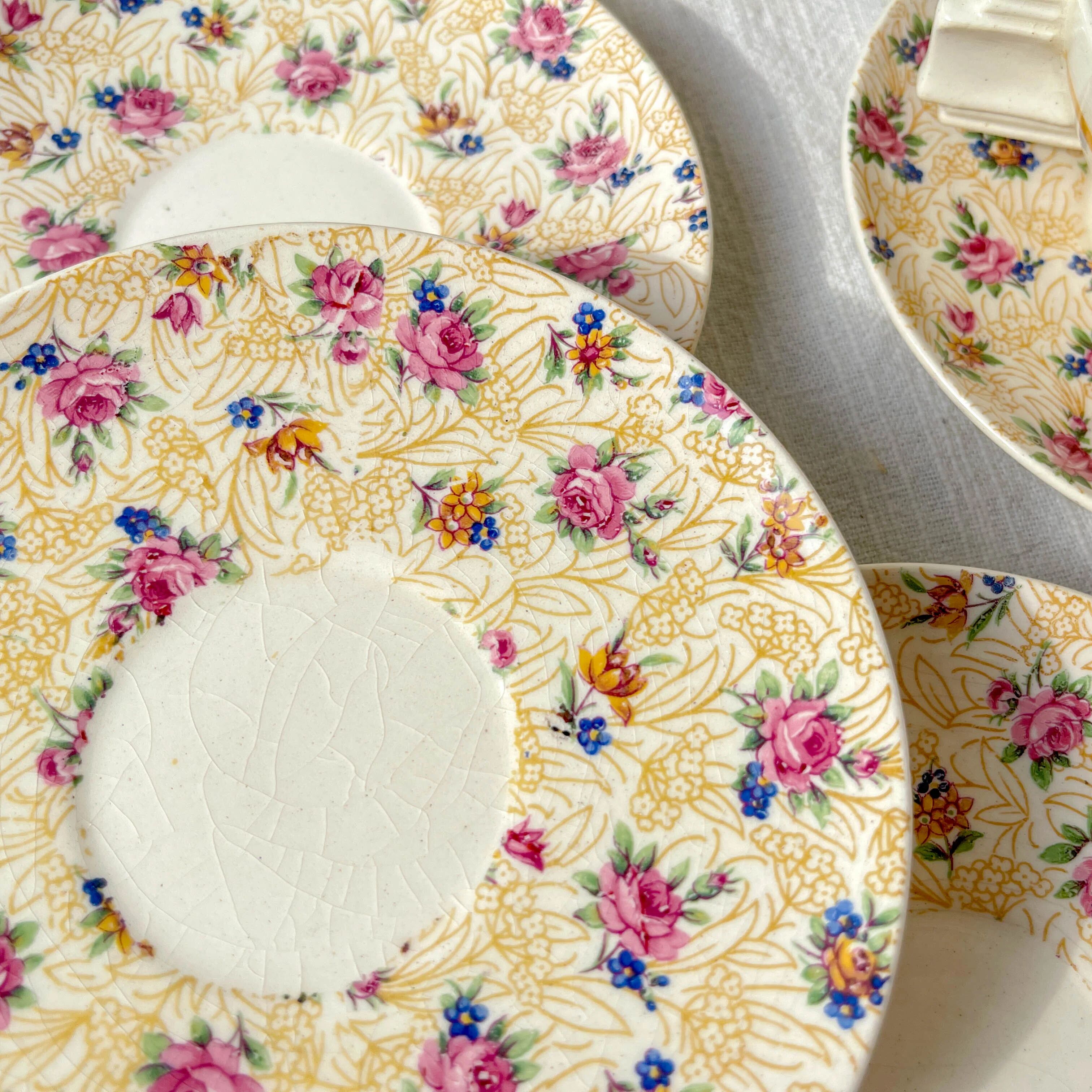 Robj Paris Coffee Tea Set with Floral Yellow Porcelain Core - Vintage Art Deco Style