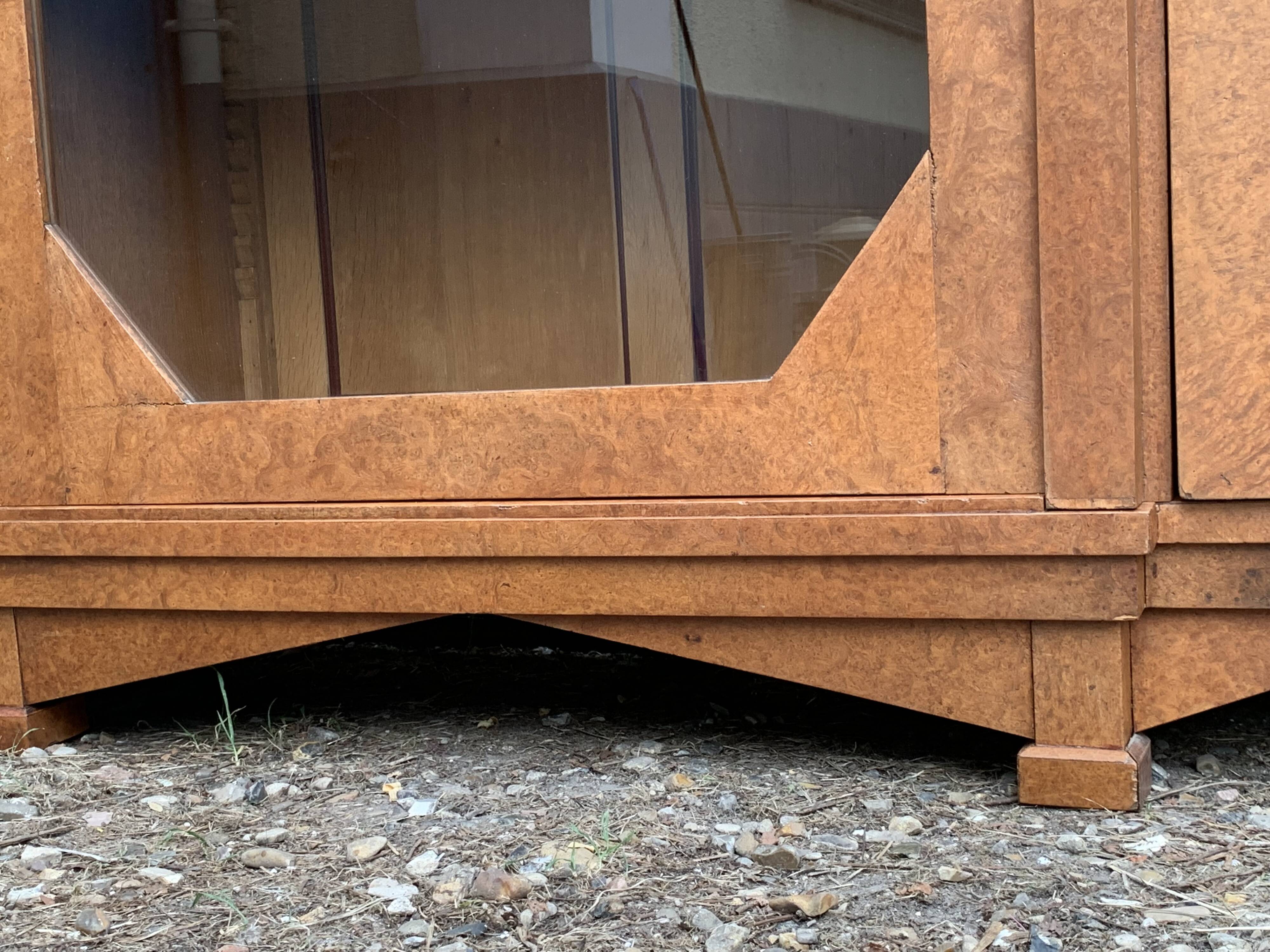 Art deco glass china cabinet in burr walnut 1930