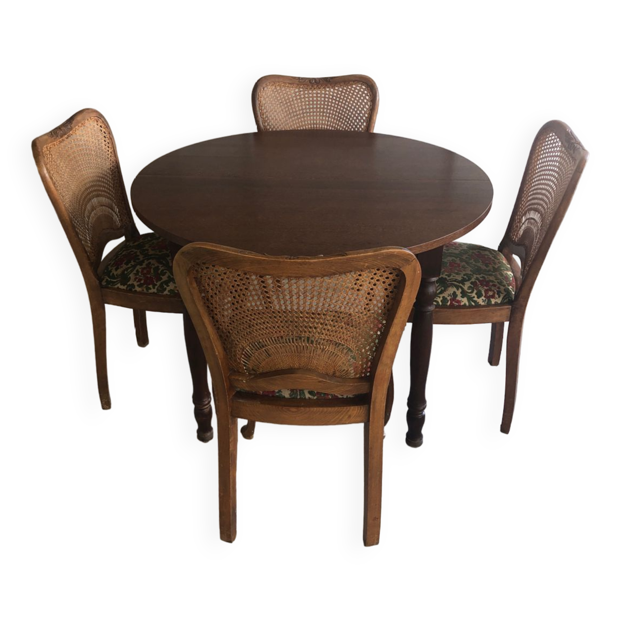 Table ronde avec rallonges et 4 chaises dossier cannage Vintage