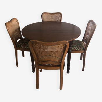 Table ronde avec rallonges et 4 chaises dossier cannage Vintage