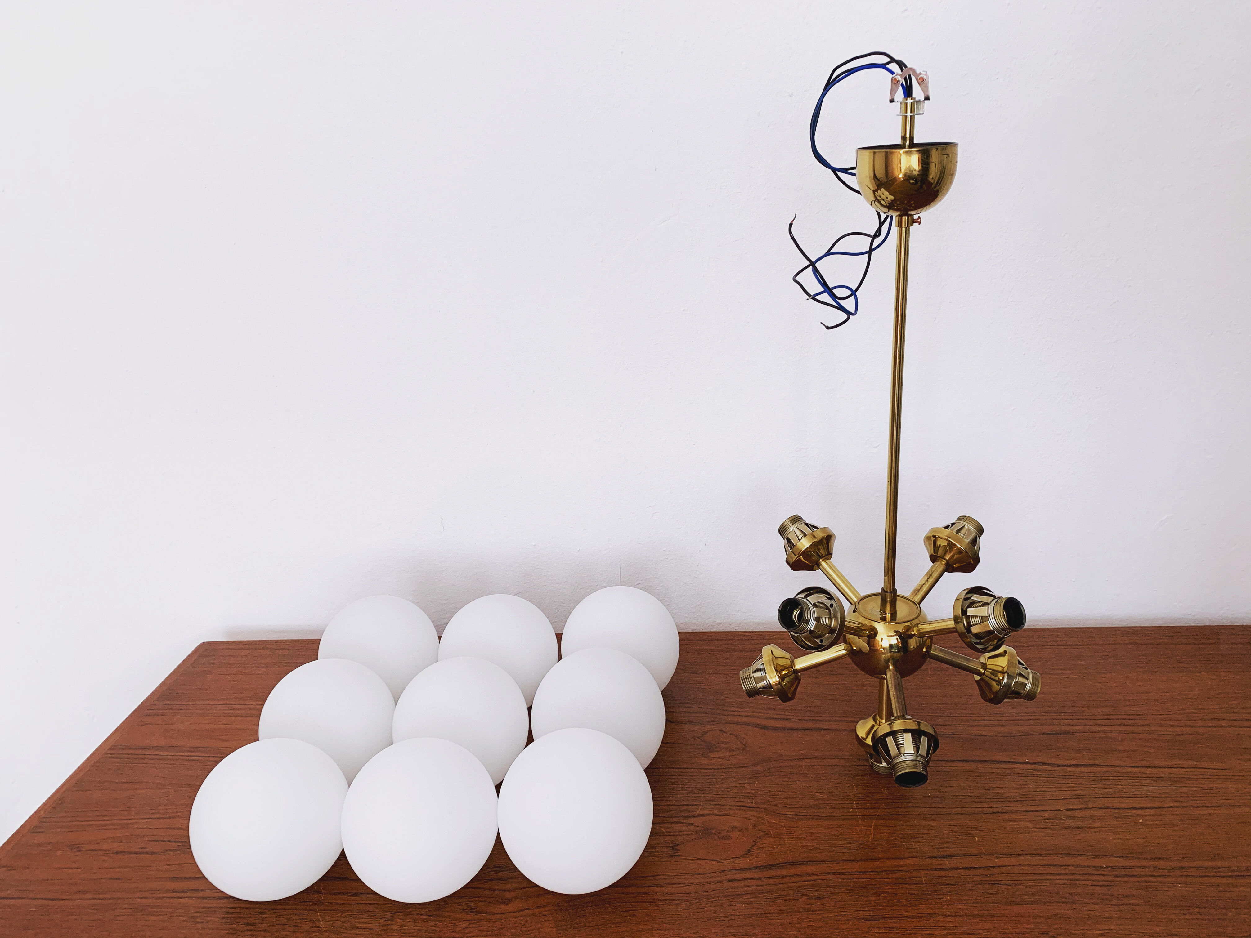 Brass and opaline glass Sputnik chandelier