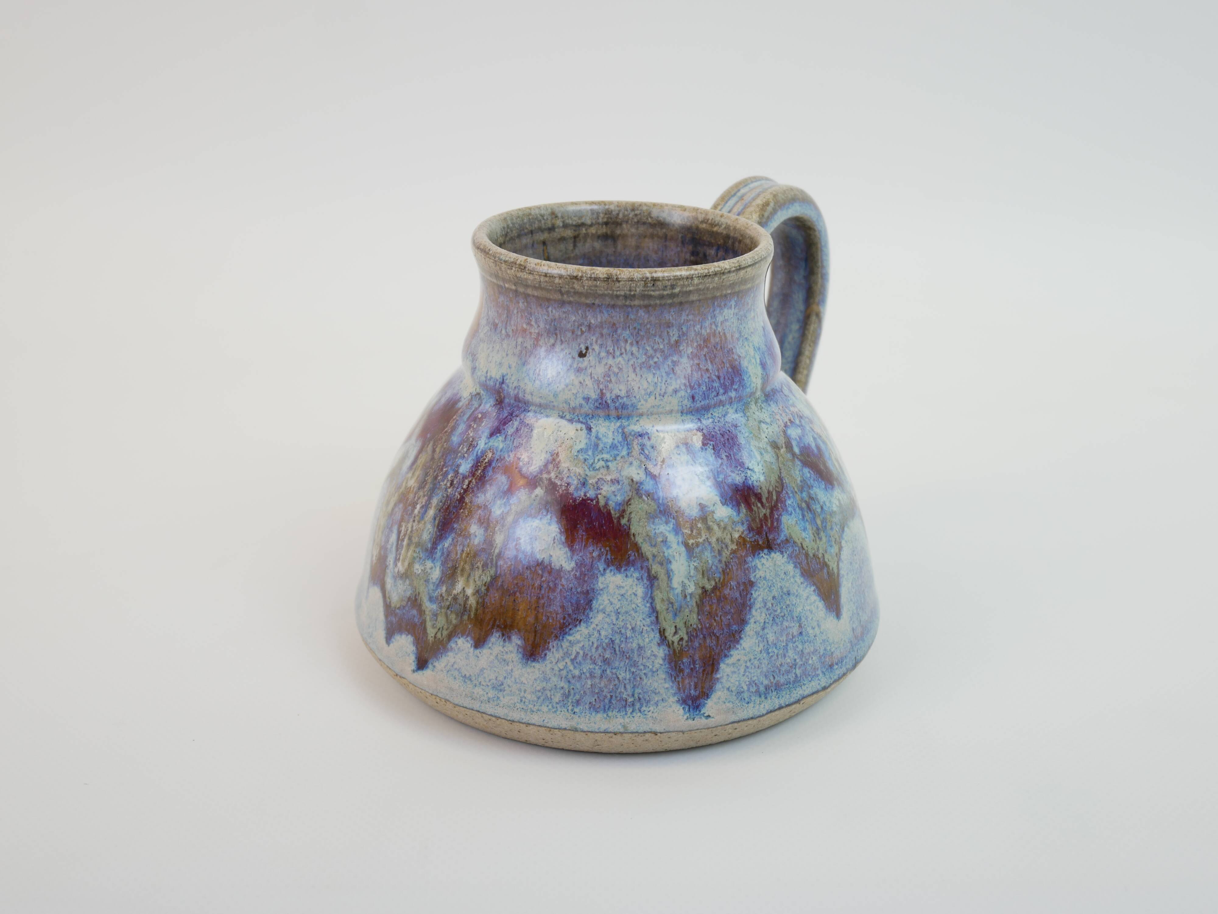 signed blue purple enamel ceramic pitcher