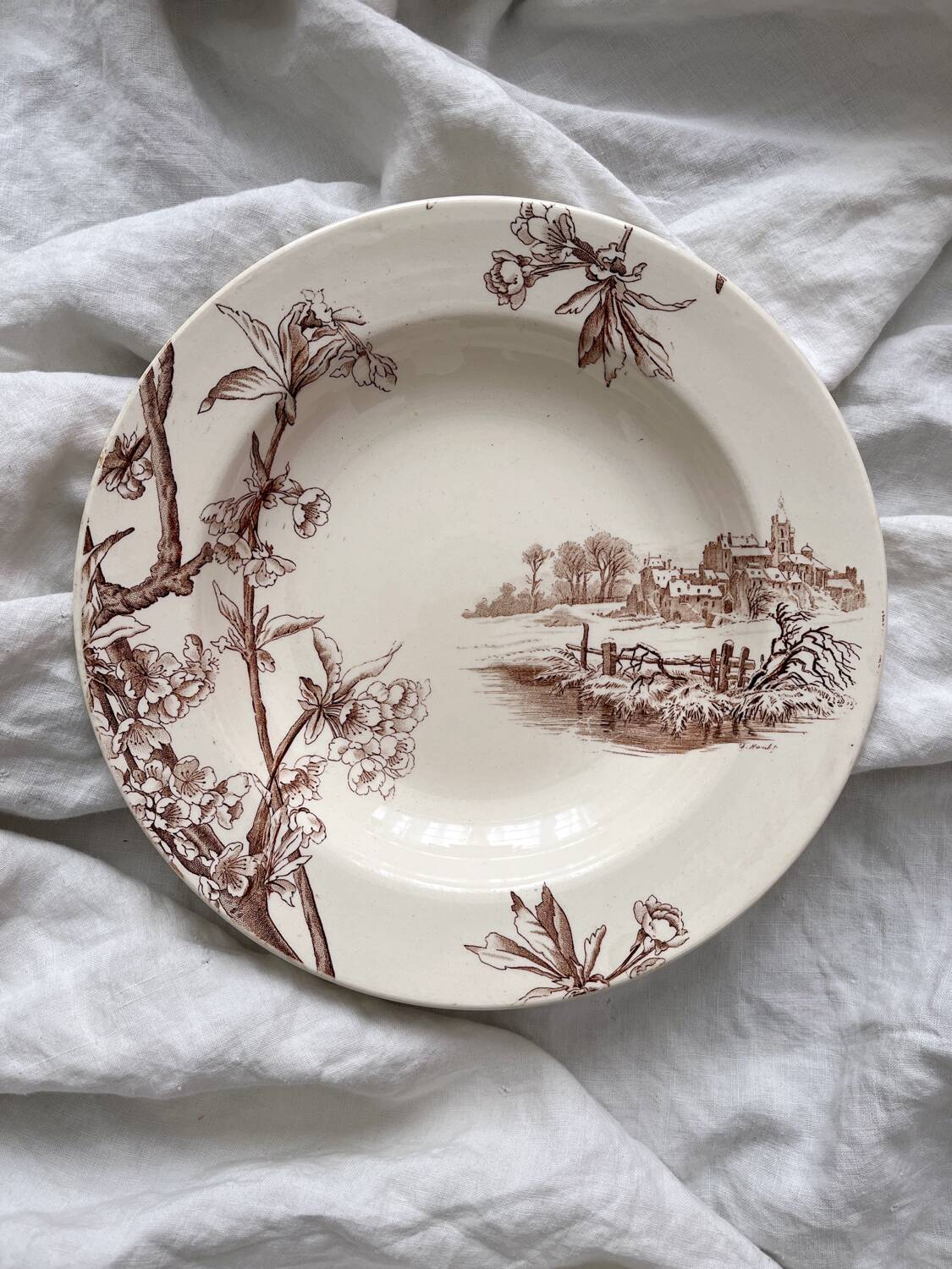 Deep ironstone plate "Cherry Tree" Creil and Montereau