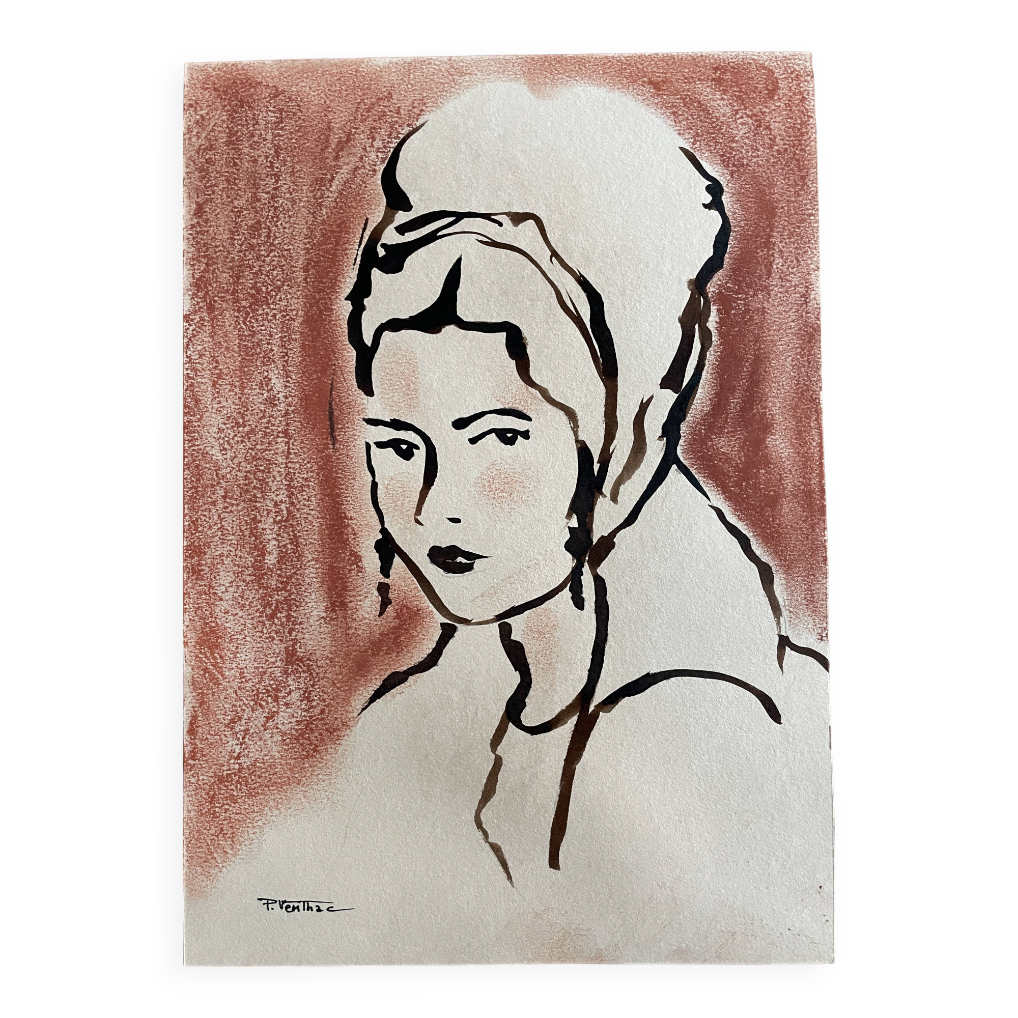 Signed painting pastel and Indian ink female portrait “study with headdress”