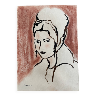 Signed painting pastel and Indian ink female portrait “study with headdress”