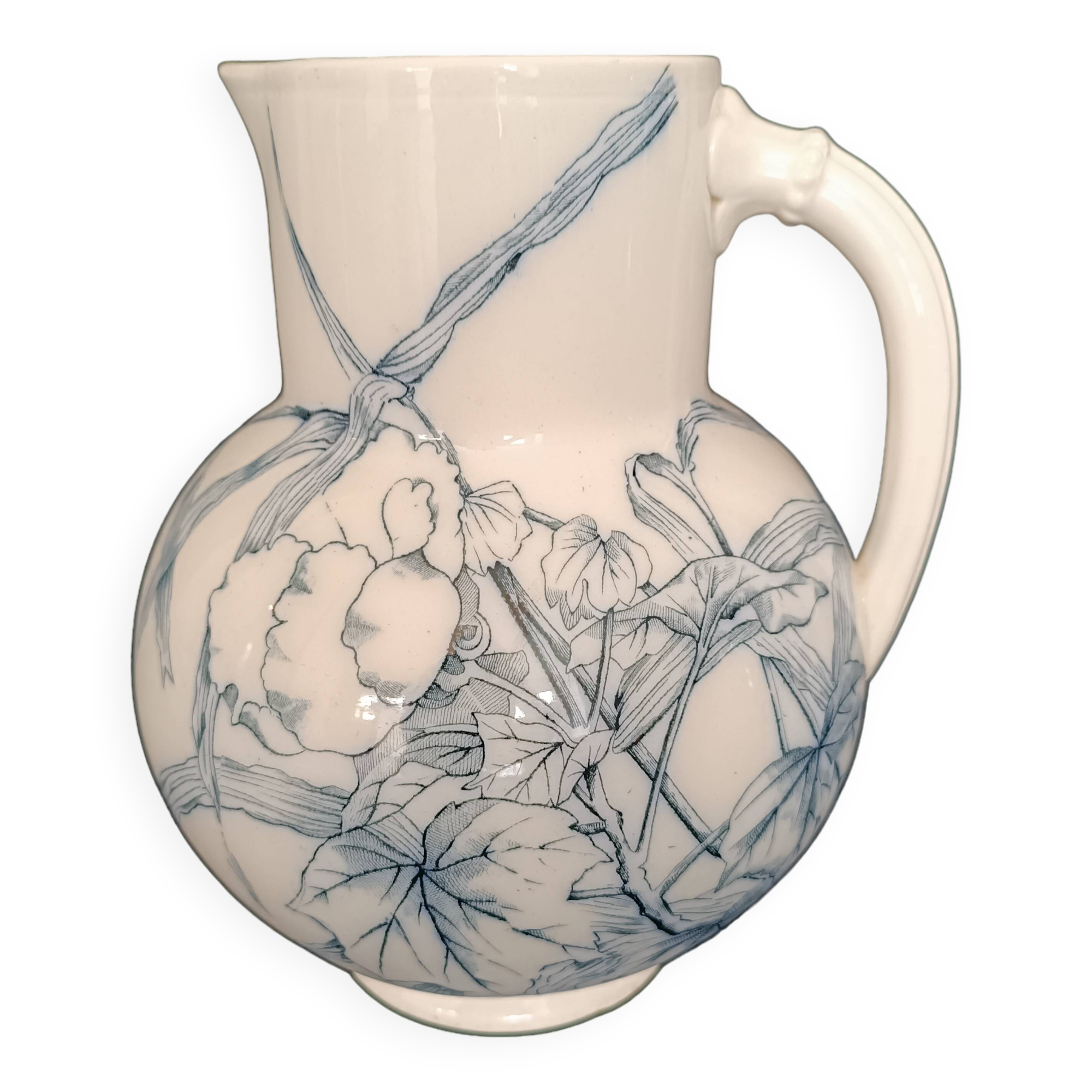 Pitcher jug vase earthenware floral decor blue early 20th century