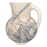 Pitcher jug vase earthenware floral decor blue early 20th century