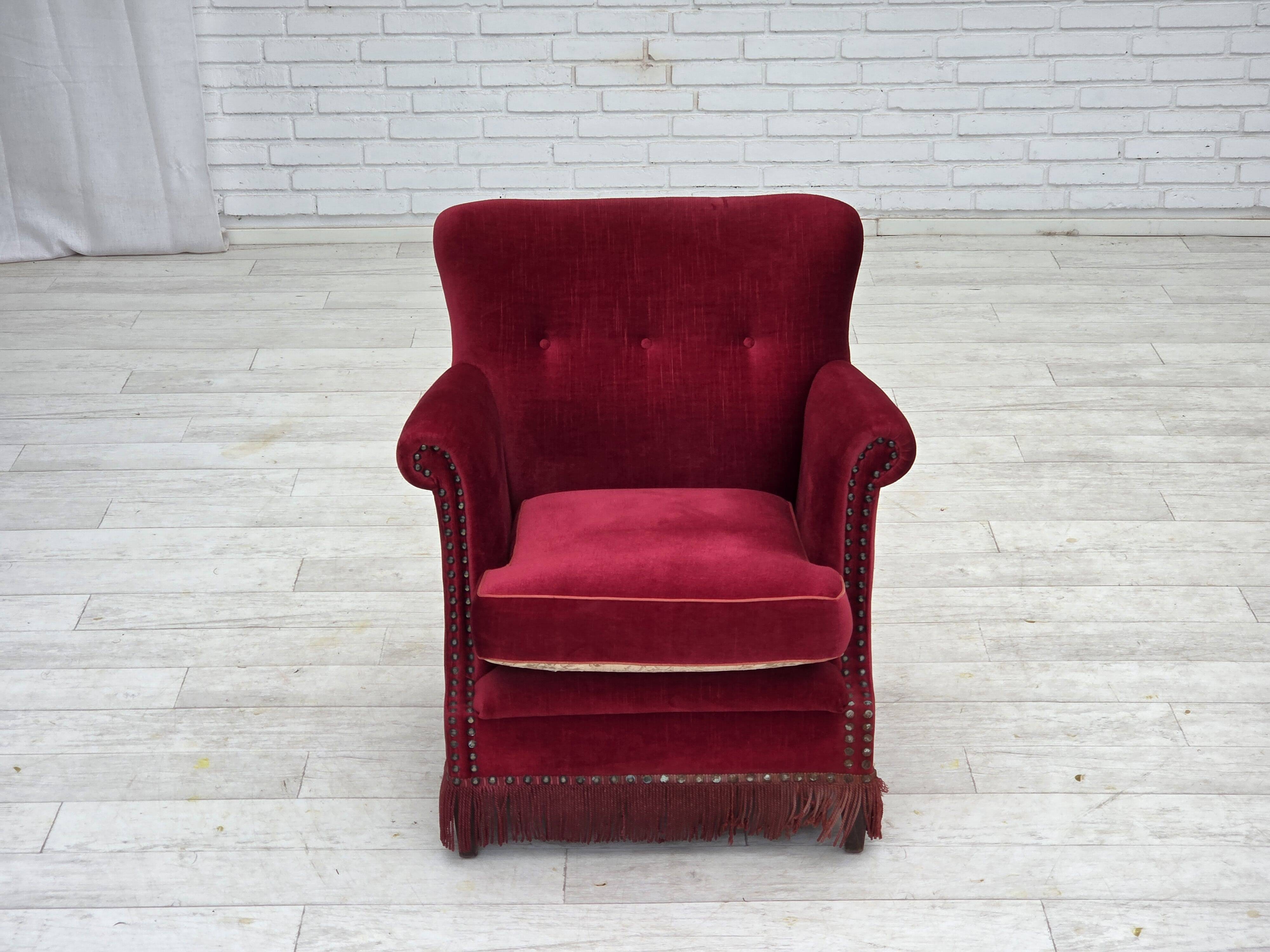 1970s, Danish armchair, red furniture velour, ash wood.