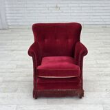 1970s, Danish armchair, red furniture velour, ash wood.