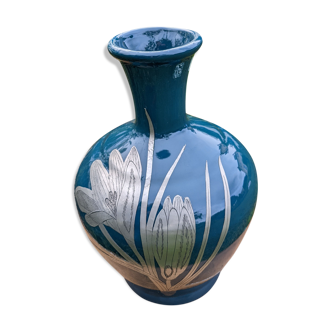 Vintage earthenware vase with pewter fleurs-de-lis motif