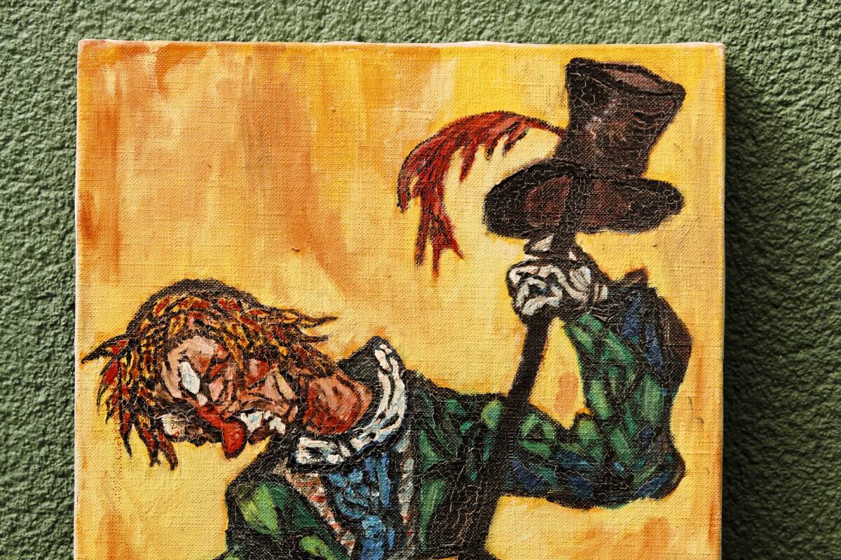 Clown musician, oil on canvas signed