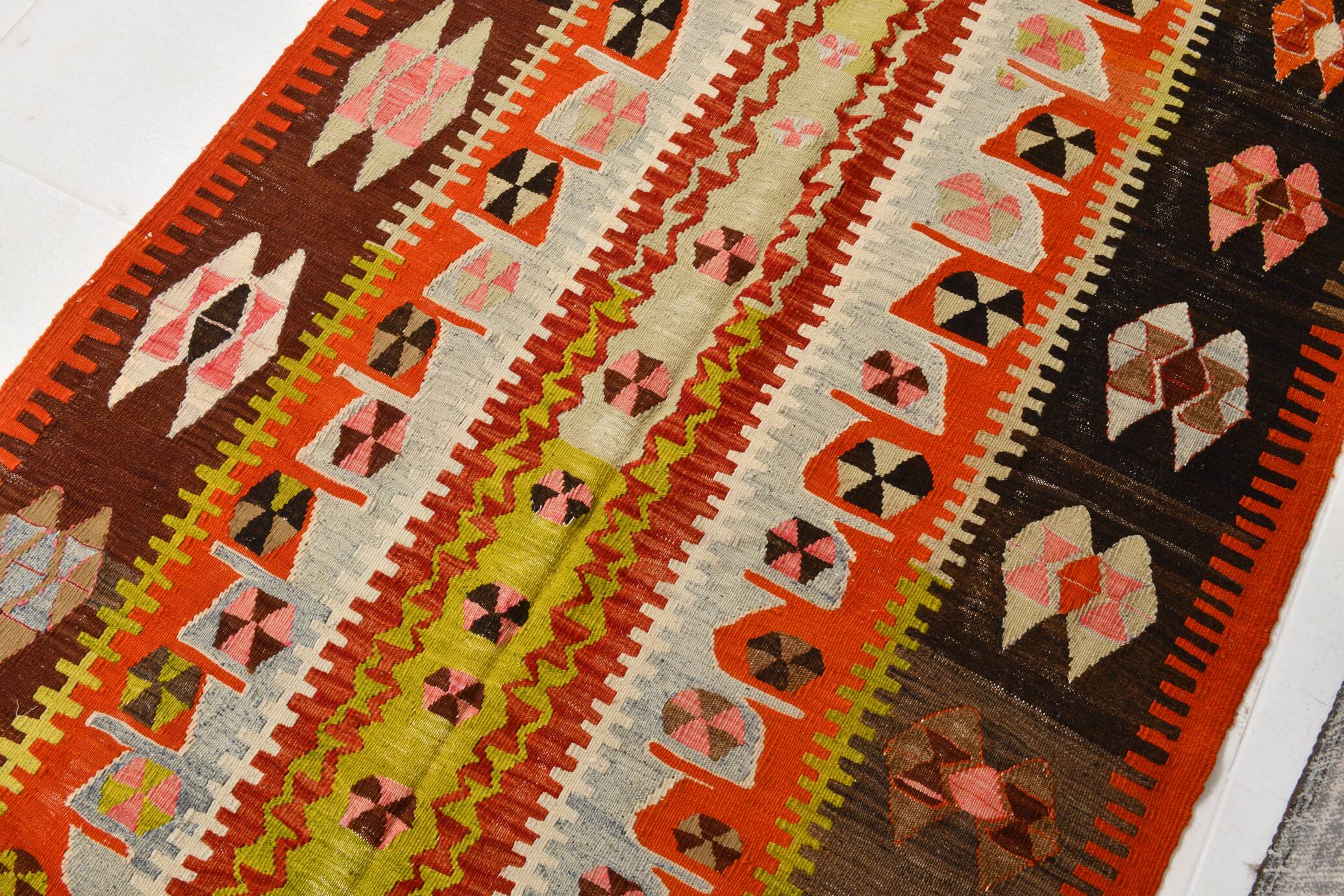 4x8 Multicolor Geometric Style Kilim Rug, 129x255 Antique Decor