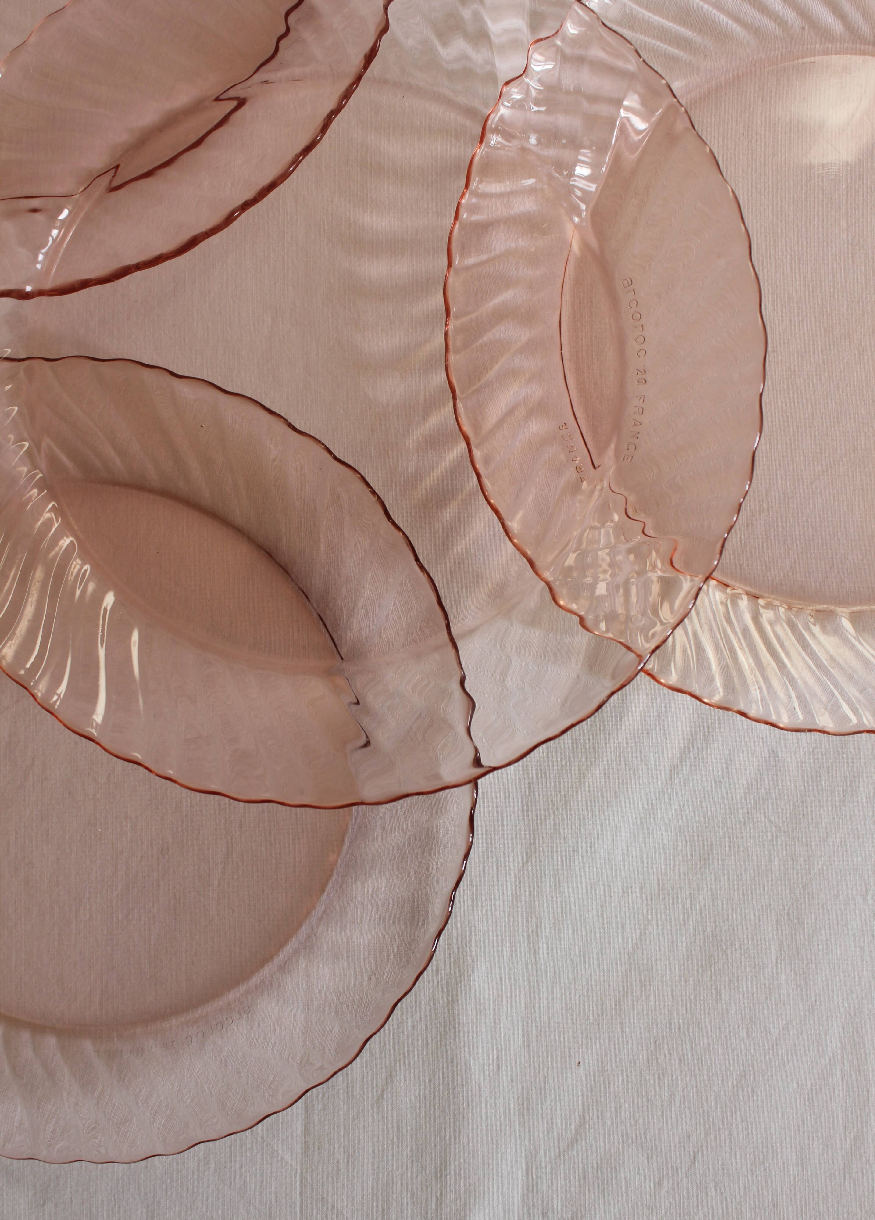 5 vintage Rosaline dessert plates in pink glass