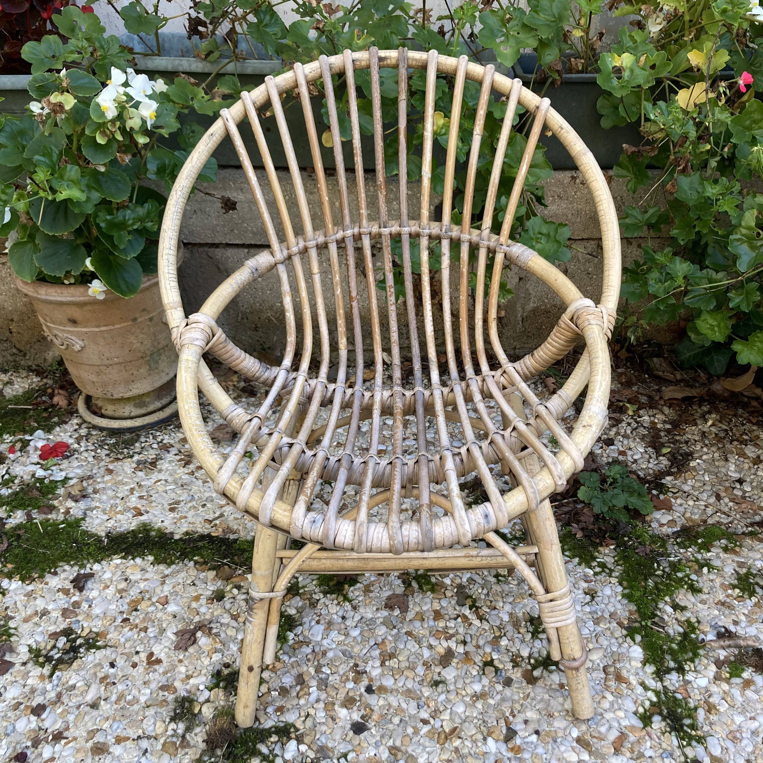 Set of 3 vintage rattan armchairs