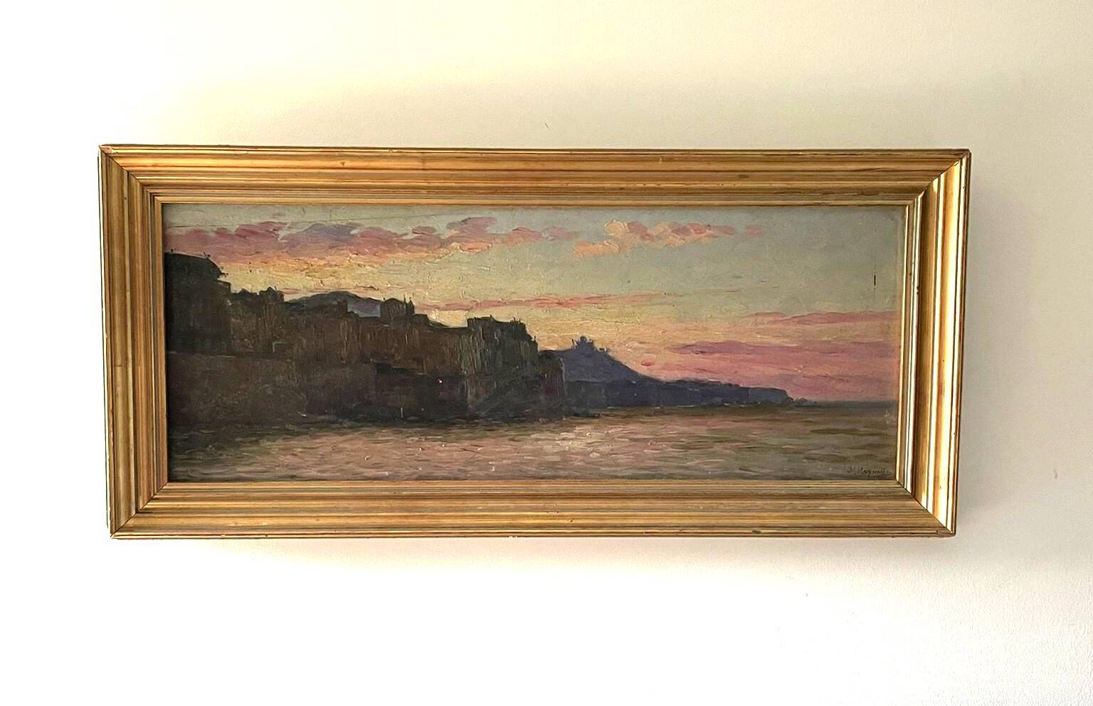 Marius Reynaud (1860 - 1935) "Algerian coastline at sunset" oil on wood