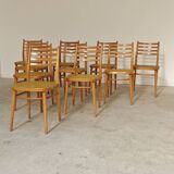 Set of 10 Bystrice tone wooden and caned chairs from the 1960s.