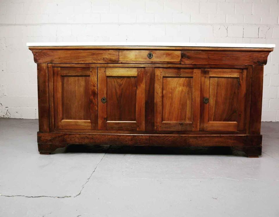 Comptoir de magasin du 19ème siècle en acajou et placage de bois de loupe avec dessus en marbre