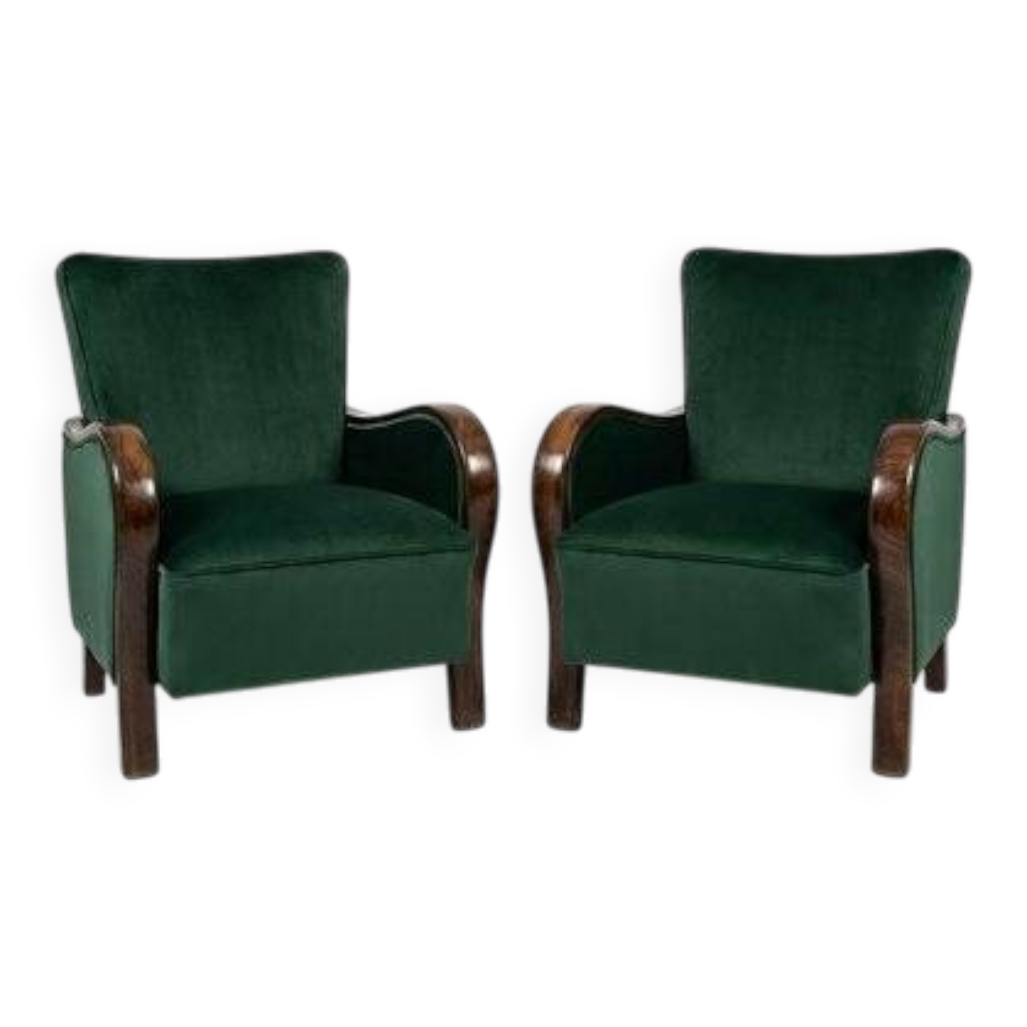 Art Deco Velvet Lounge Chairs in Dark Green Velvet, Set of 2