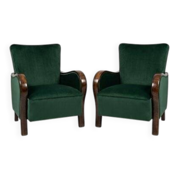Art Deco Velvet Lounge Chairs in Dark Green Velvet, Set of 2