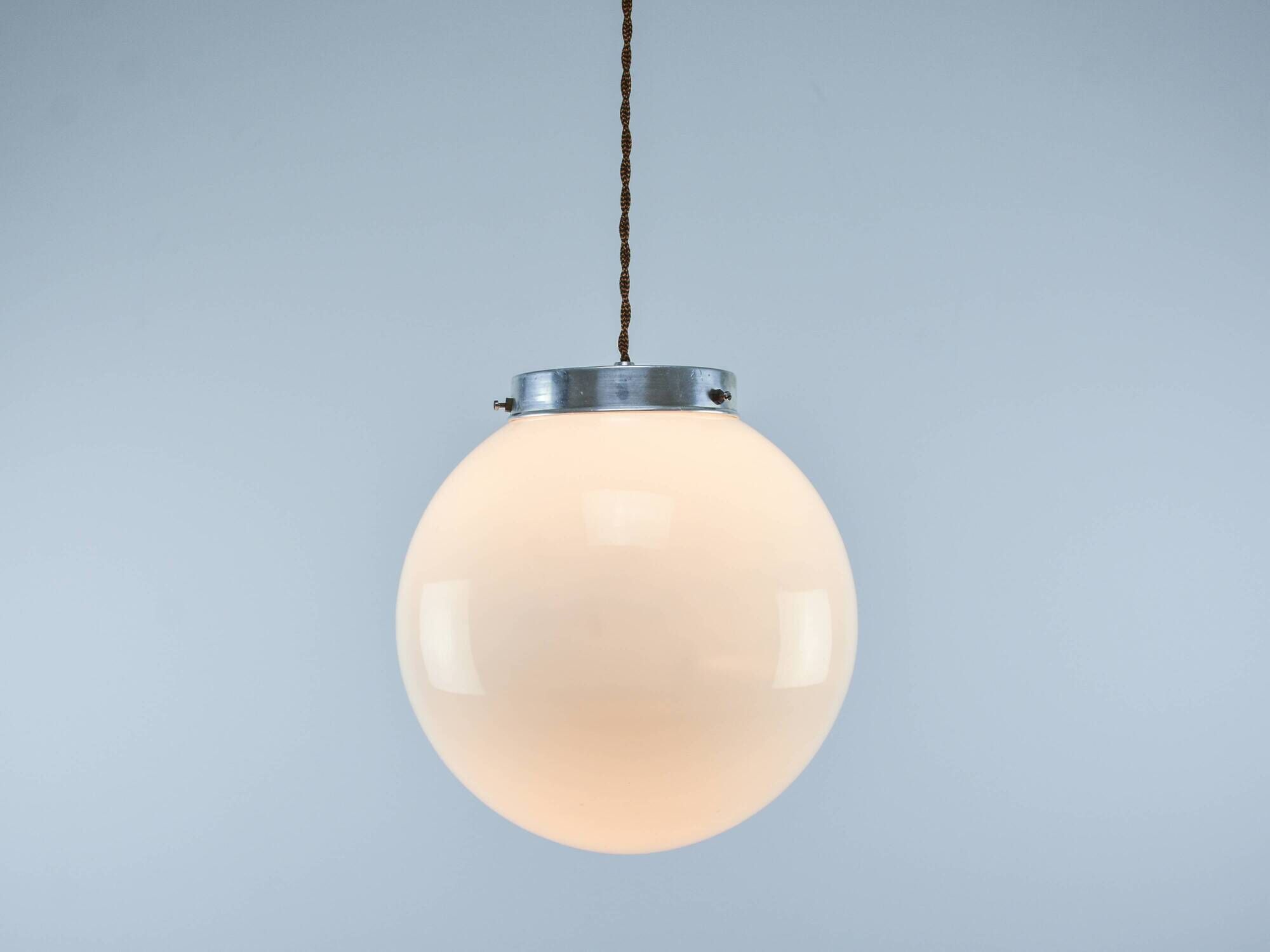 Mid-Century Opaline & Metal Sphere Pendant Lamp