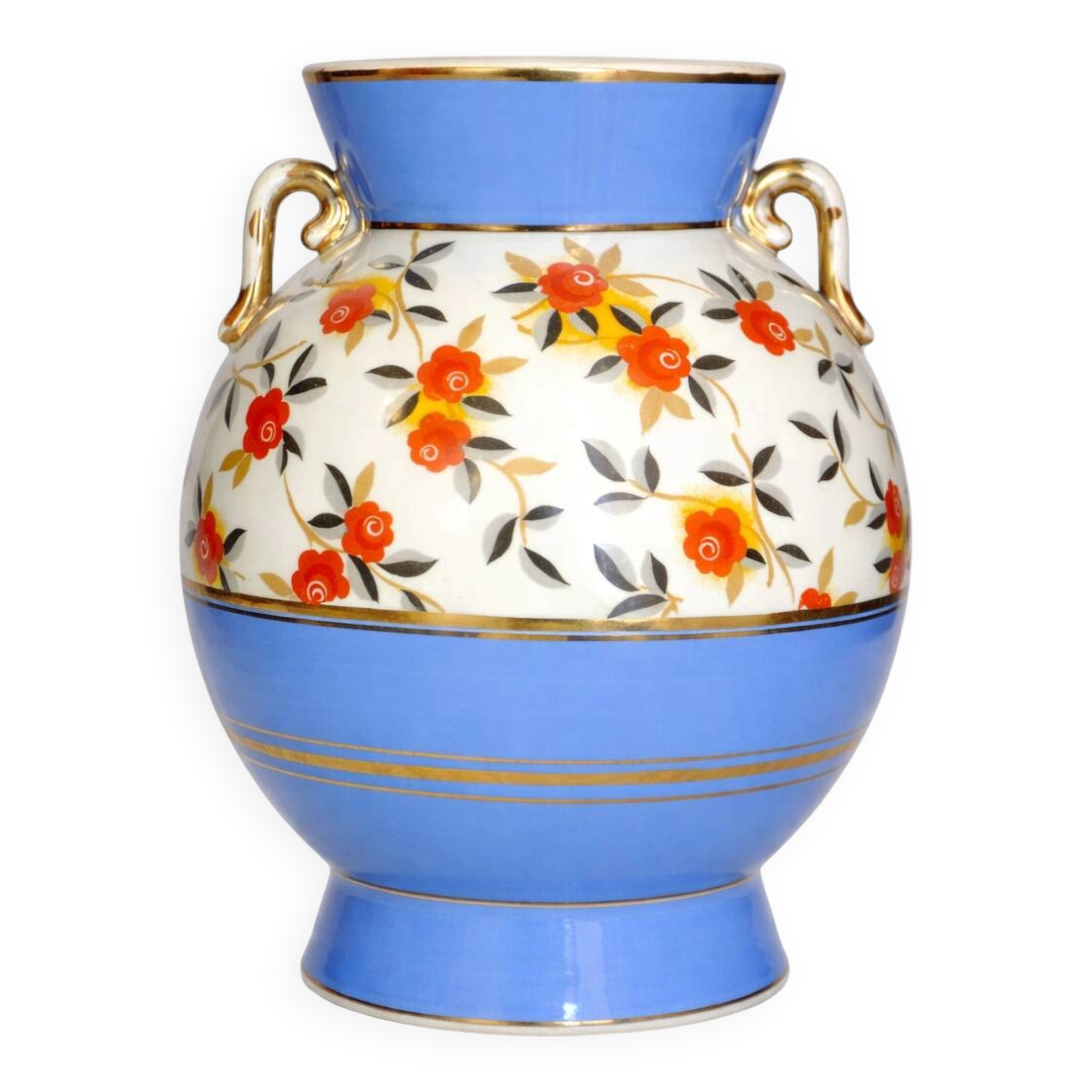 Art Deco round vase by Boch Frères Keramis, red flowers and blue bands.