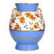Art Deco round vase by Boch Frères Keramis, red flowers and blue bands.