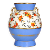 Art Deco round vase by Boch Frères Keramis, red flowers and blue bands.