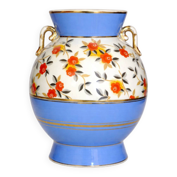 Vase boule Art Déco Boch Frères Keramis, fleurs rouges et bandeaux bleus