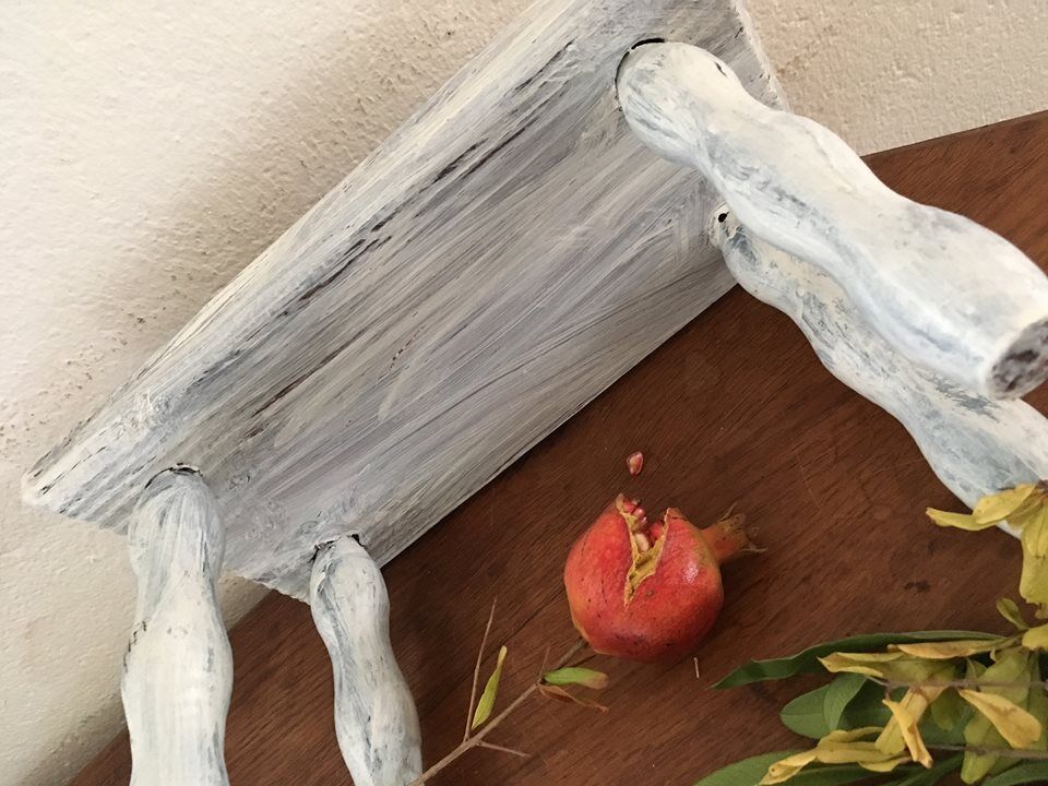 Wooden footrest in his white patina