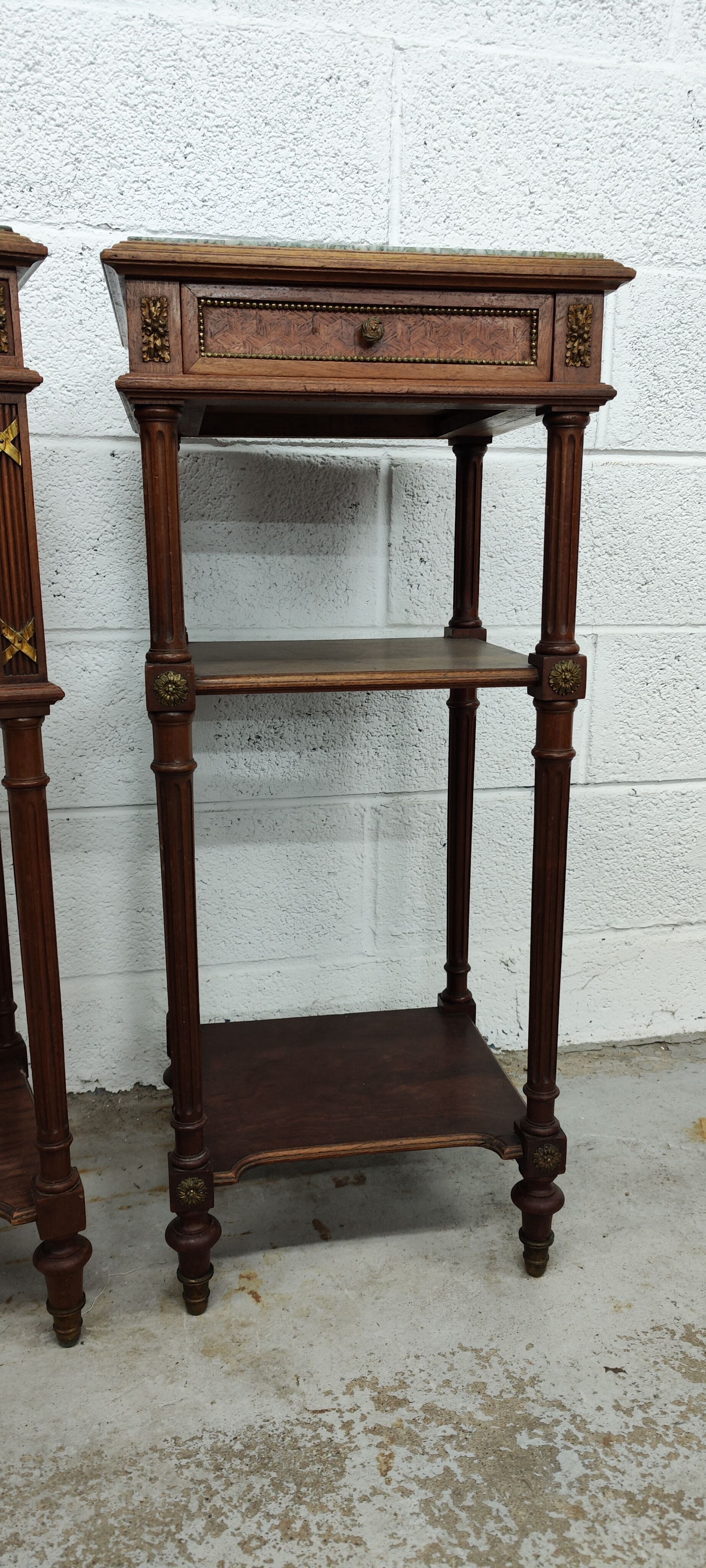 Pair of bedside old marquetry top green marble and bronze decorations