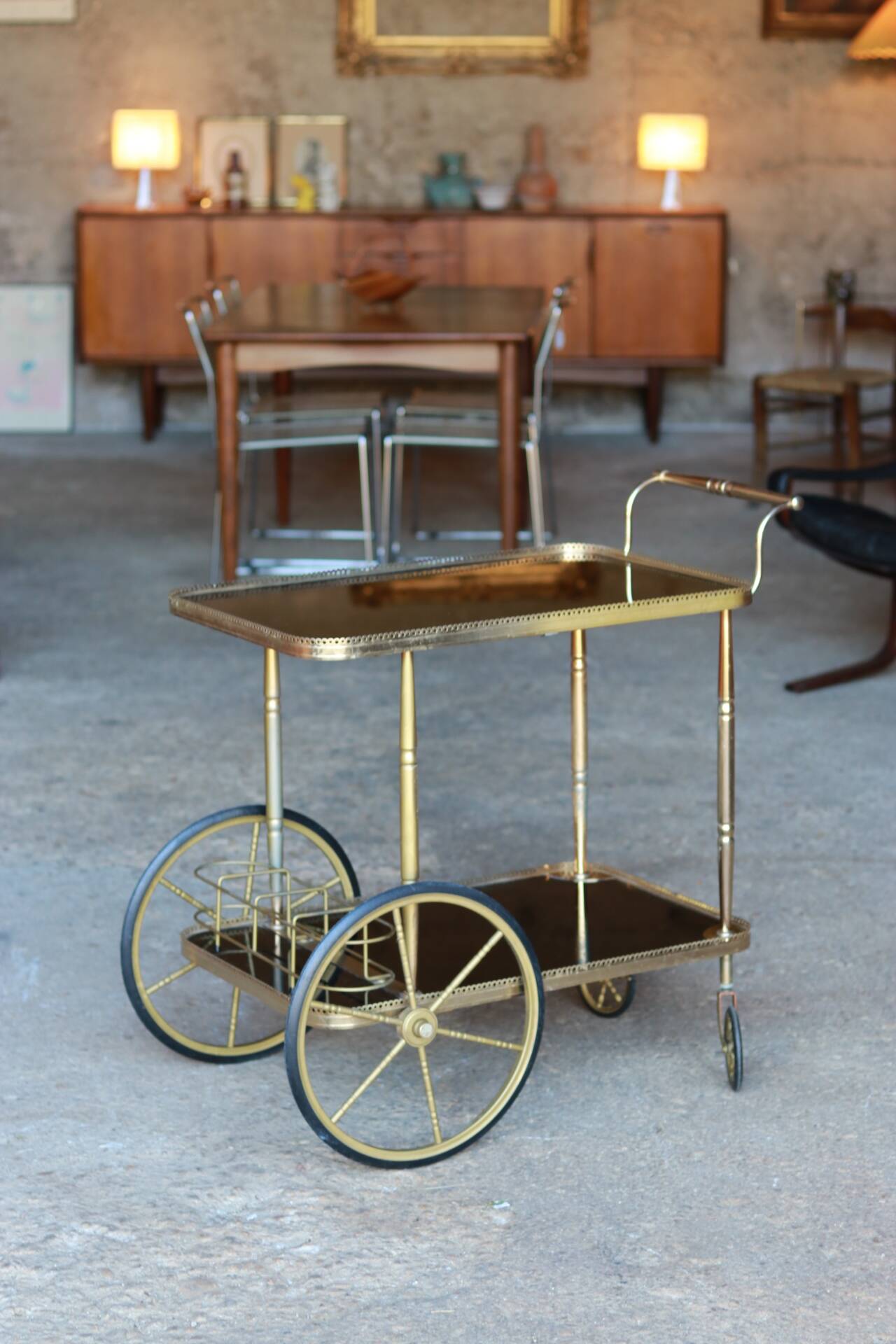 Serving trolley, vintage mini-bar in metal and smoked glass
