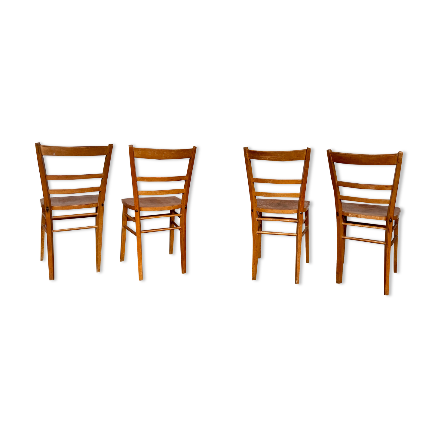 Series of 4 vintage light wood bistro chairs