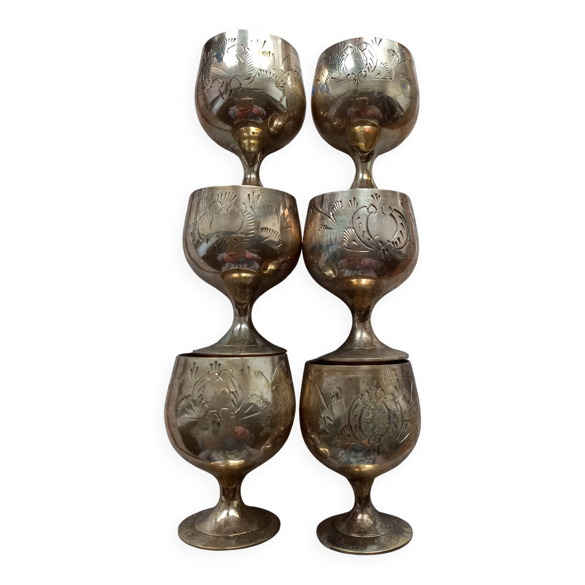 Vintage set of 6 brass chalices