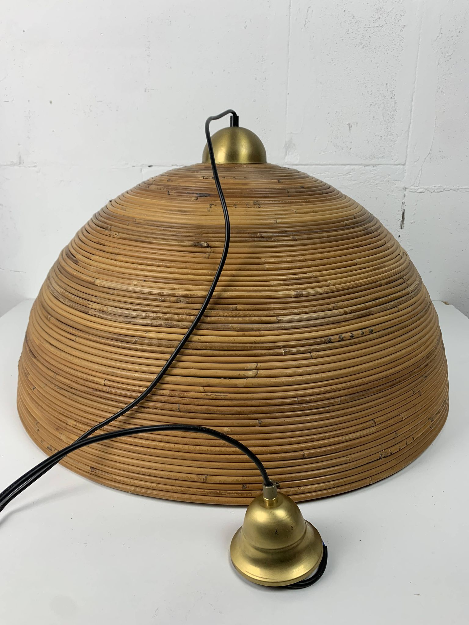 XL 71 cm Pencil Reed, Rattan, Bamboo and Brass Pendant Hanging Lamp, Italy