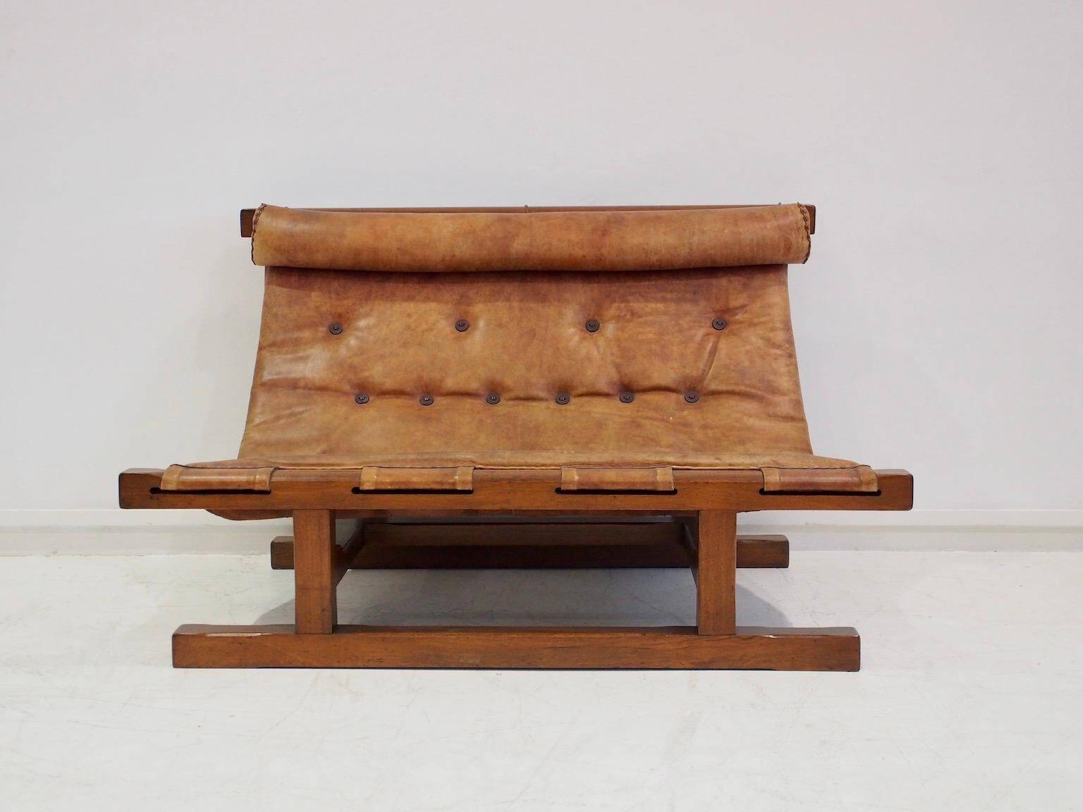 20th-century leather and Brazilian hardwood sofa, Brown
