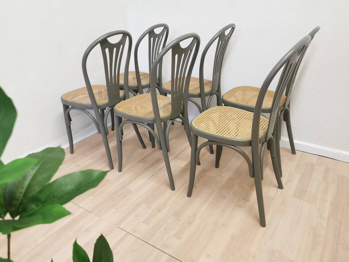 Set of 6 Vintage Gray Bentwood Dining Chair: Thonet Style Cane Seat