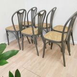 Lot de 6 chaises de salle à manger vintage en bois courbé gris : siège en rotin style Thonet