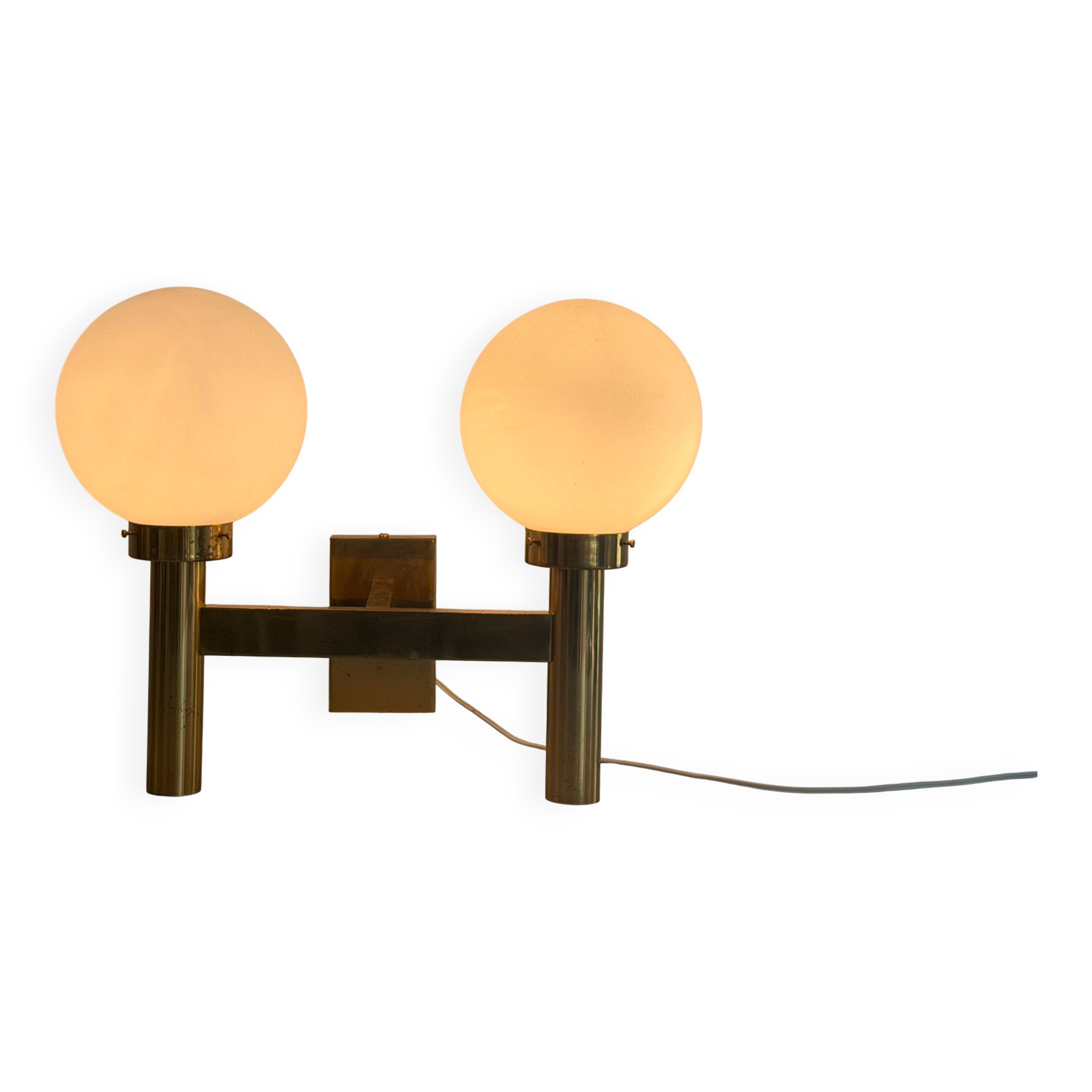 Double opal glass and heavy brass, large minimalist cinema wall light, 1960s, Germany