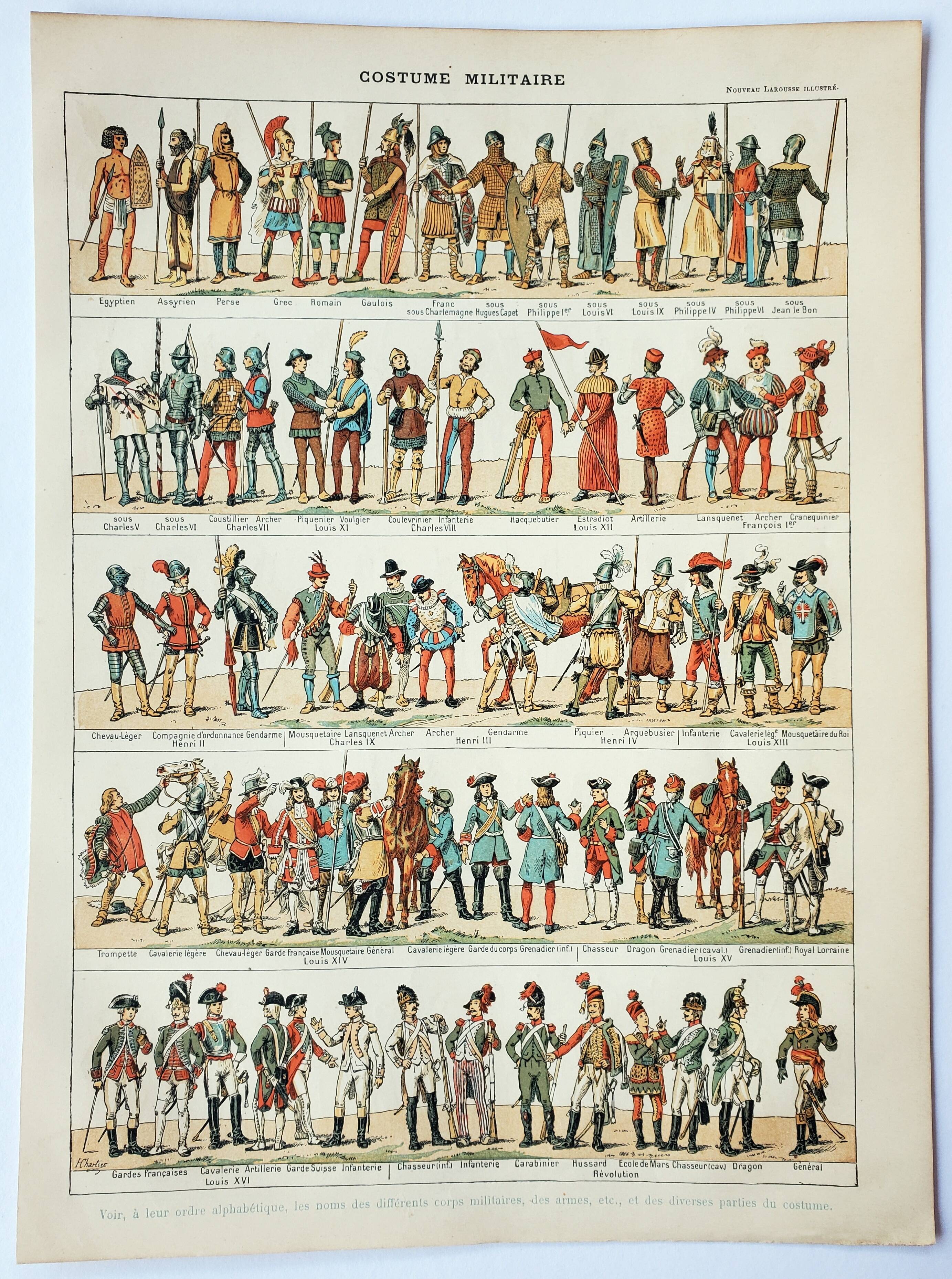 Old engraving 1898, Antique historical military costumes 1 • Lithograph, Original plate