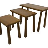 Vintage Set of 3 brutalist oak side or nesting tables 1970s