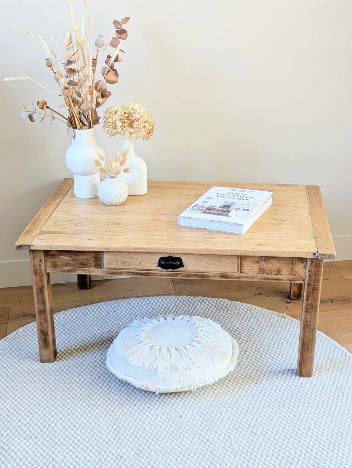 Antique solid wood coffee table with drawer.