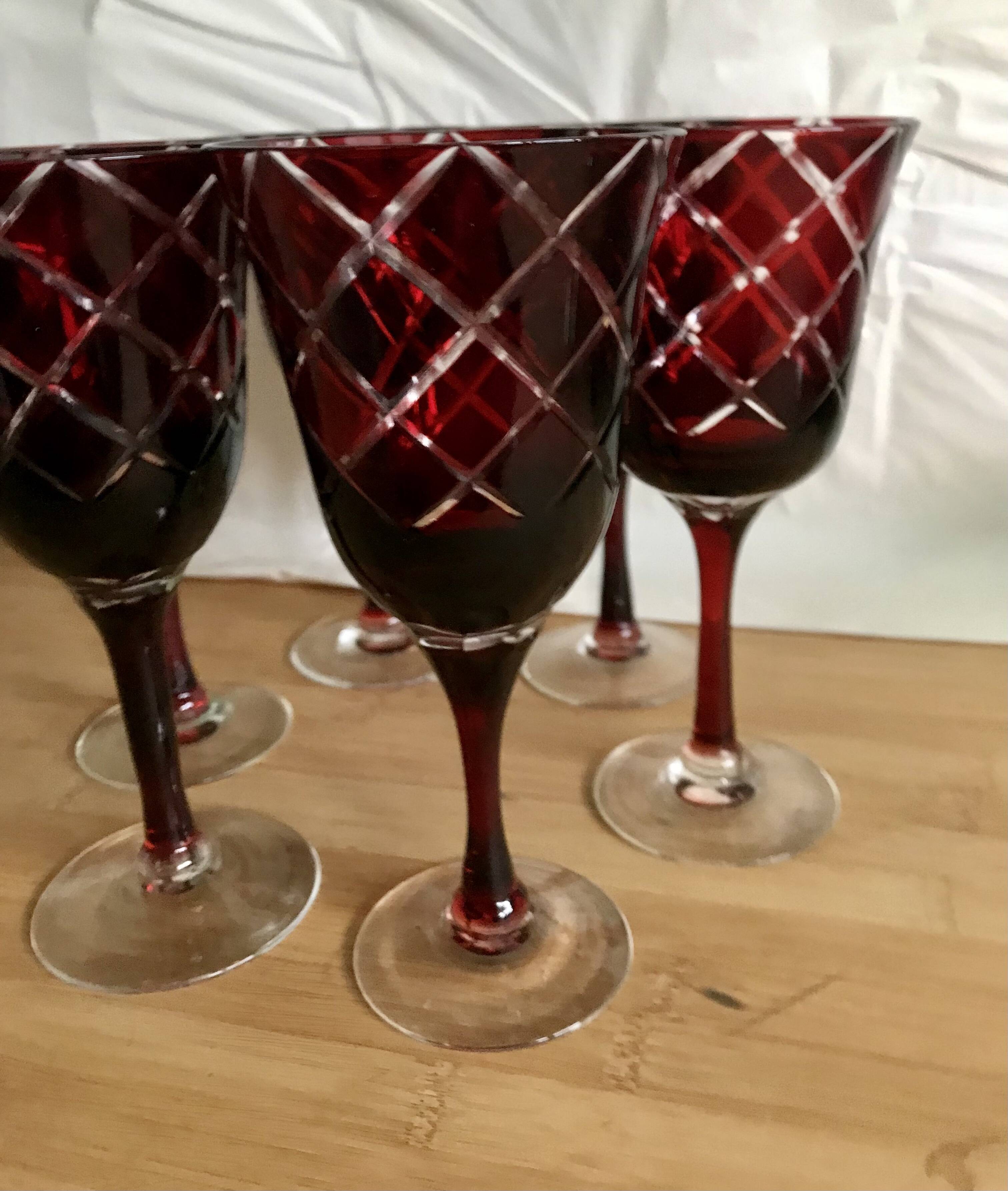 6 red italian cut glass wine glasses