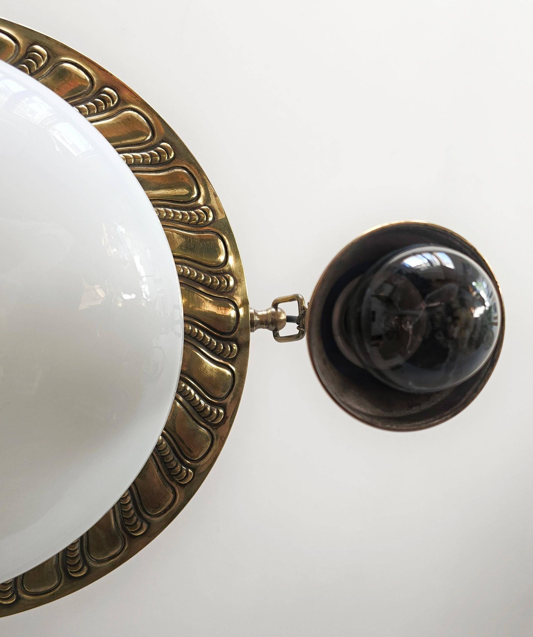 Polished Brass Art Nouveau Chandelier with Opaline Glass Dome