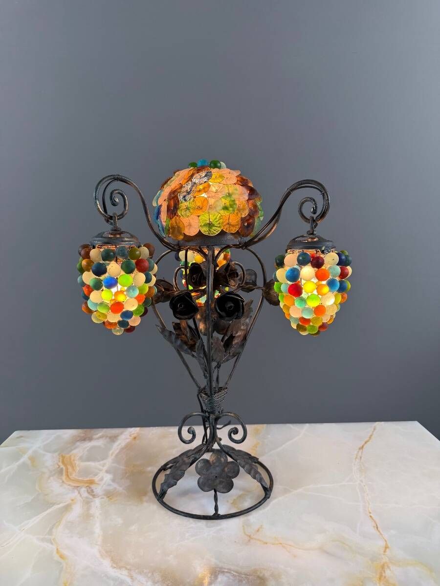 Set of three lamps in bronze and polychrome Murano glass, 20th century