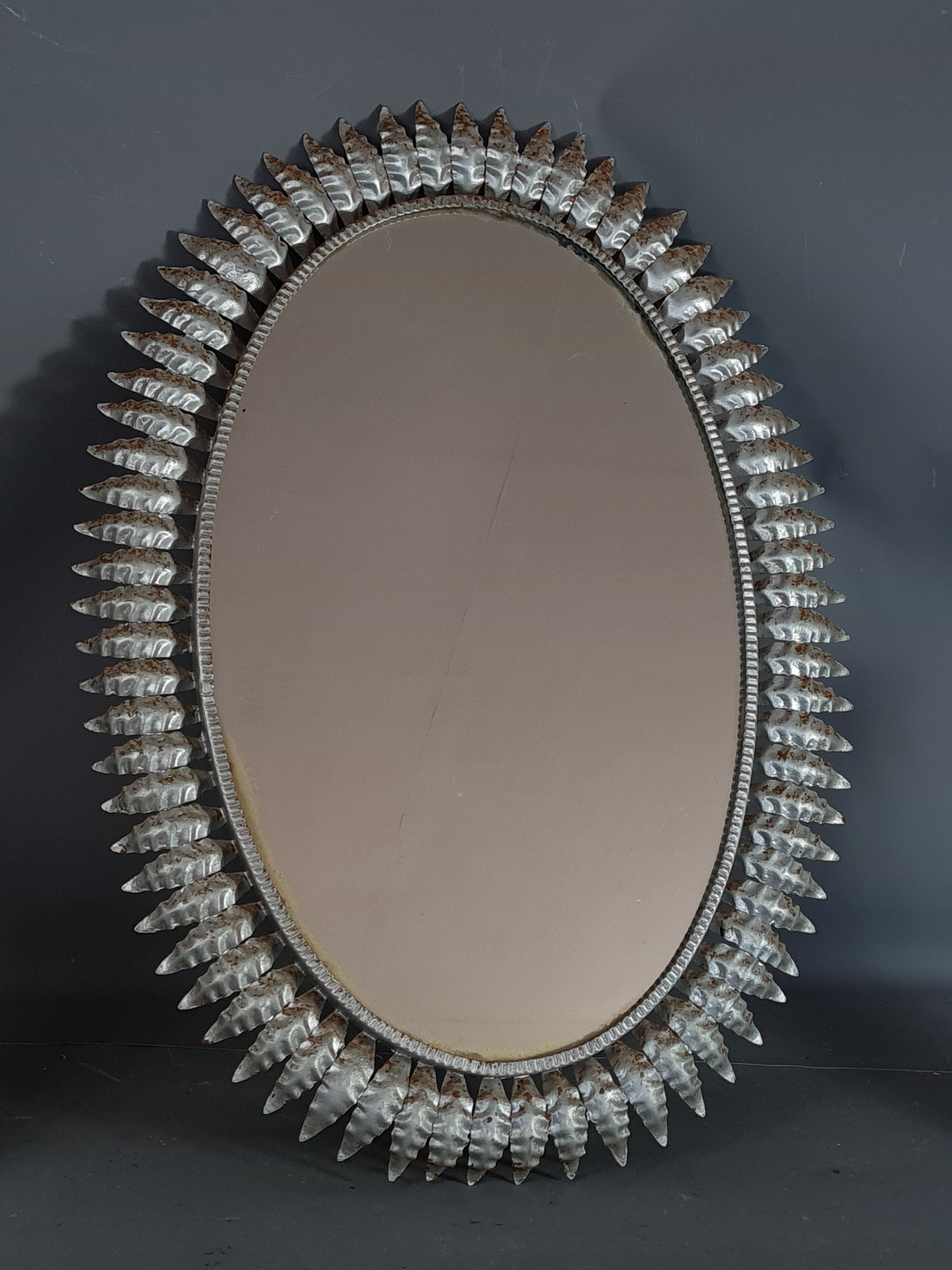 Vintage oval sun mirror 50s, silver metal 76x55 cm SB